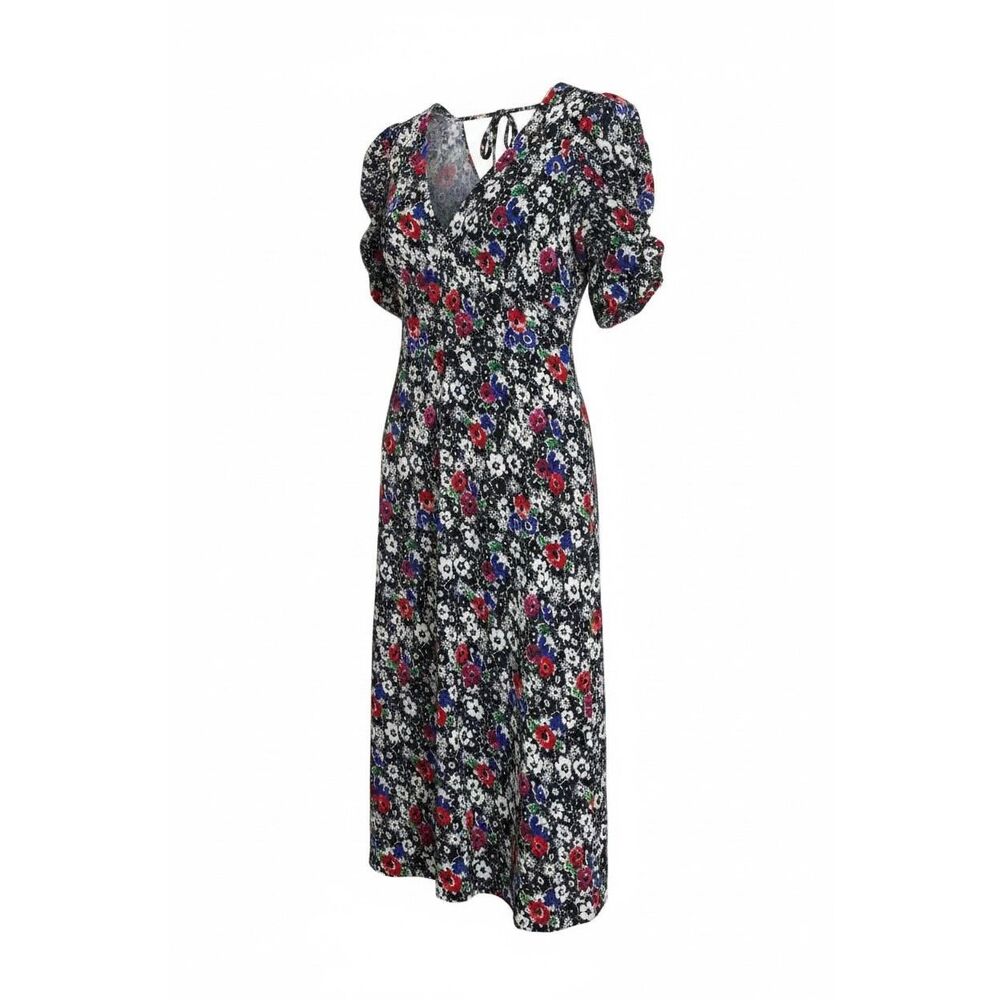 Topshop Floral Ruched Sleeve V-Neck Slit Front Midi Dress Black Red Size 14